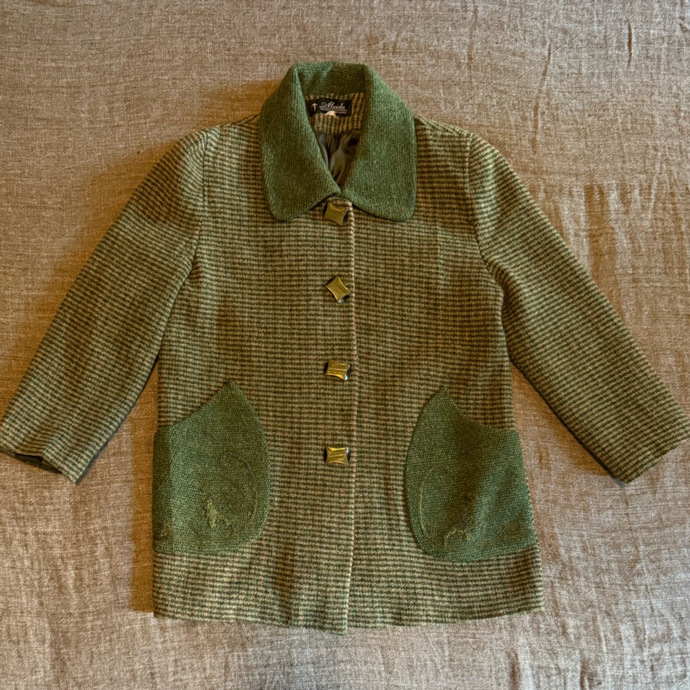 Vintage Meida Green Houndstooth Wool Jacket Coat M/L buttons embroidered pockets